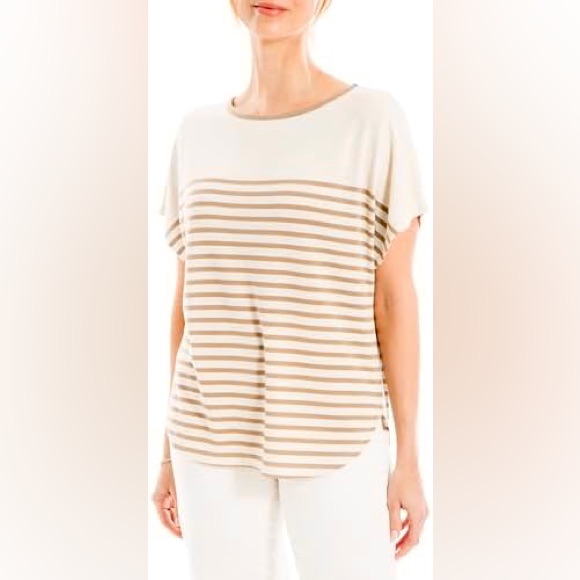 Max Studio Boxy Stripe Top With Boat Neck - Natural/Burnt Orange